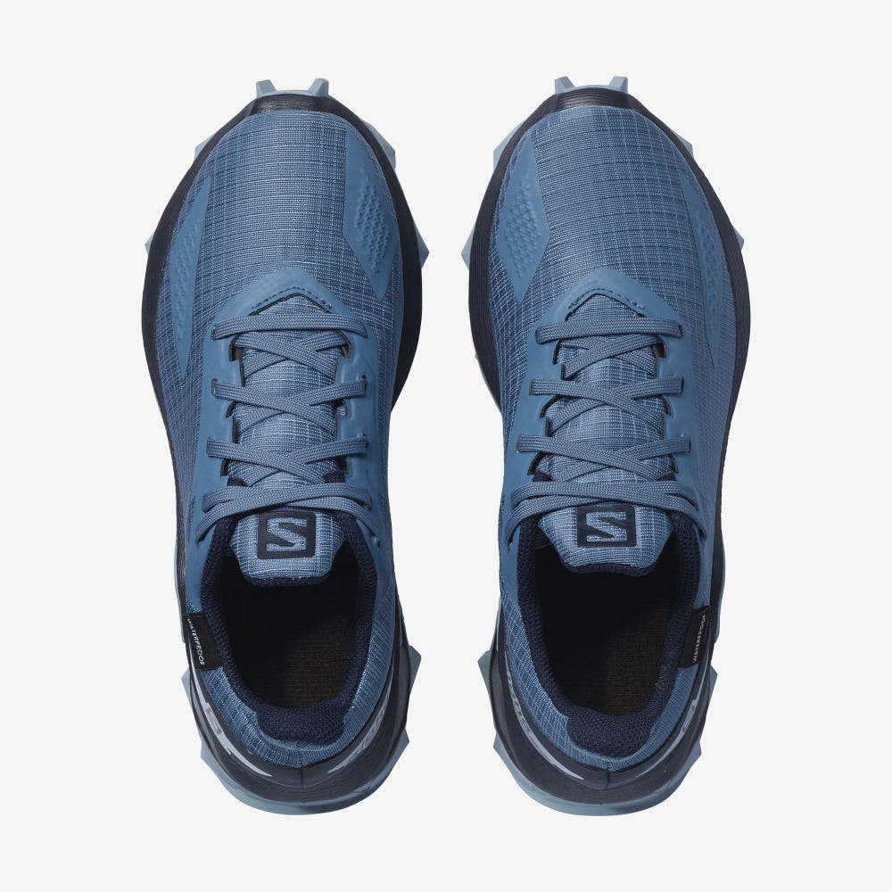 Kids' Salomon ALPHACROSS BLAST CLIMASALOMON™ WATERPROOF Trail Running Shoes Blue/Navy/Blue | SA48703-742